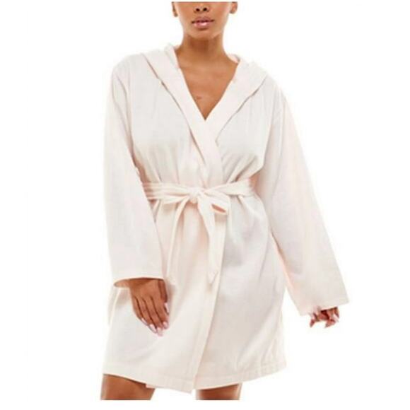 ROUDELAIN WOMENS MEDIUM COZY ROBE DOLMAN-SLEEVE HOODED SHORT PINK WHITE STRIPE - Picture 1 of 14